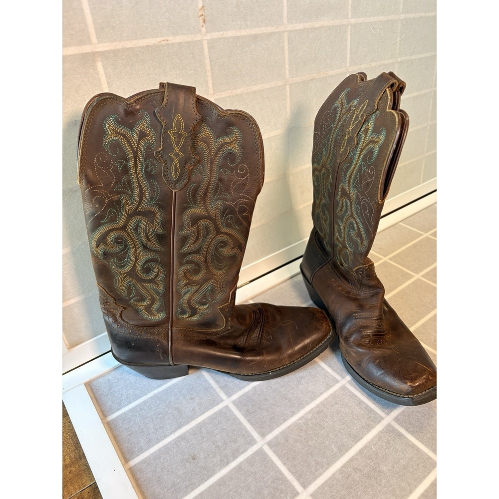 Justin Women's Stampede 12" Cowboy Boots L2552 Brown embroidered Leather Sz 7.5B